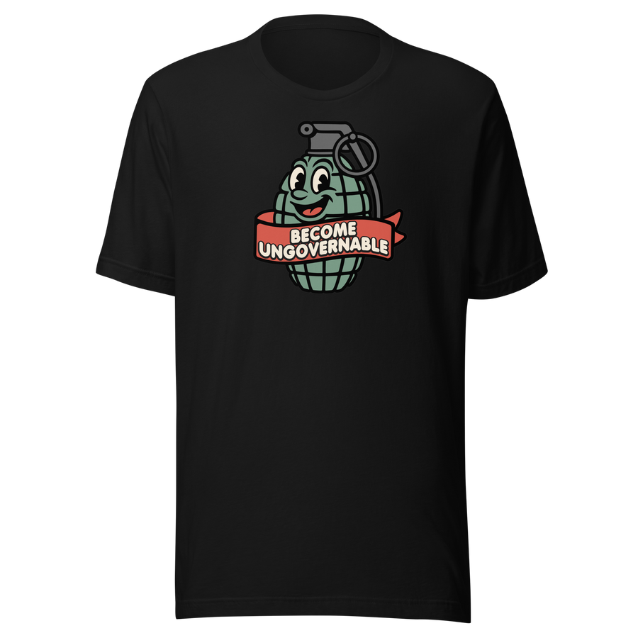 Become Ungovernable retro grenade mascot anti-authority graphic on black shirt