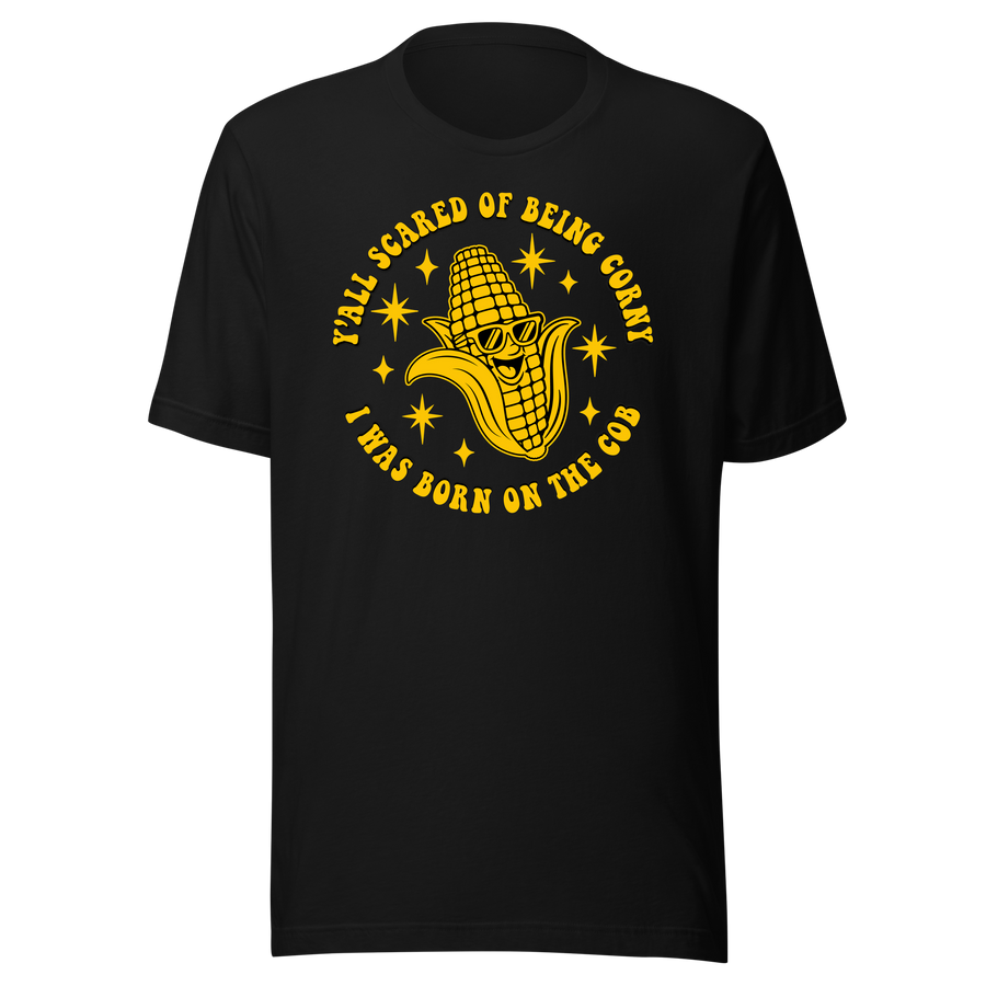 Born on the Cob Corny Mascot black shirt mockup by Collapse Cartel