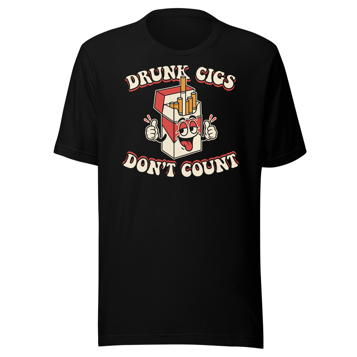 Drunk Cigs Don't Count retro cigarette mascot graphic on black shirt