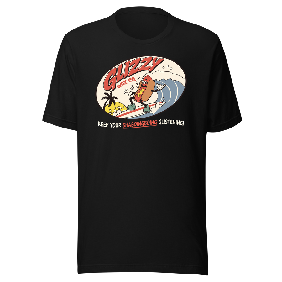 Glizzy Wax Co. Surf Hot Dog black shirt mockup by Collapse Cartel
