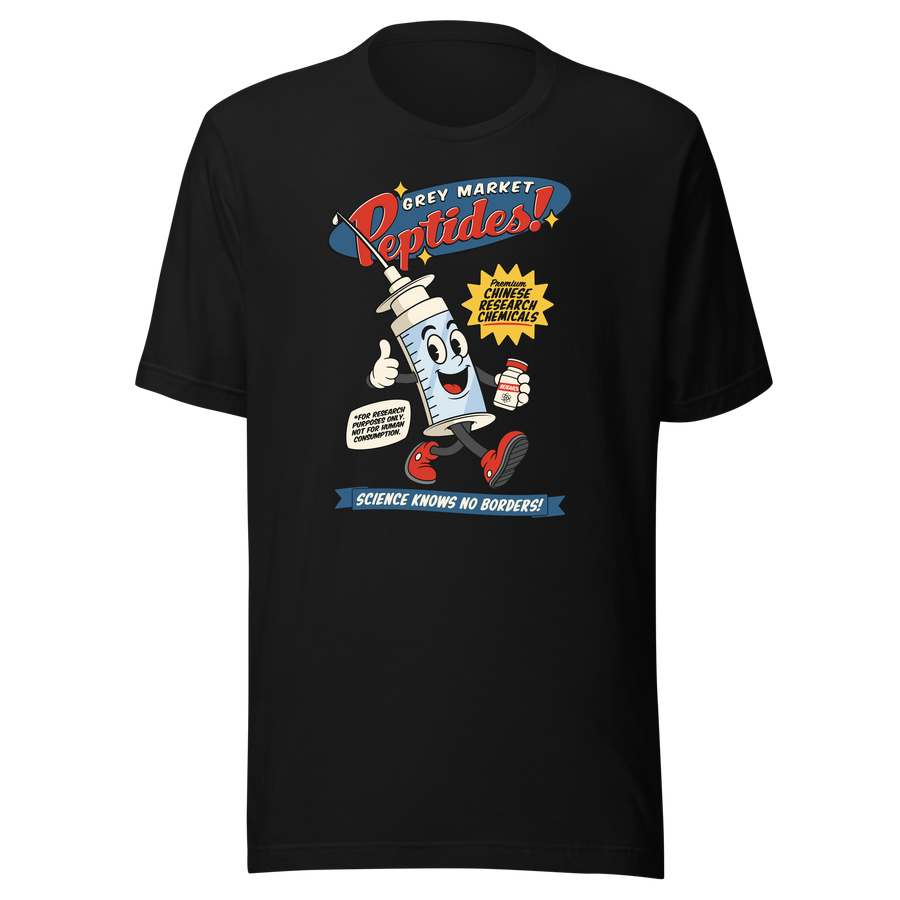 Grey Market Peptides Pep Pep Mascot black shirt mockup by Collapse Cartel