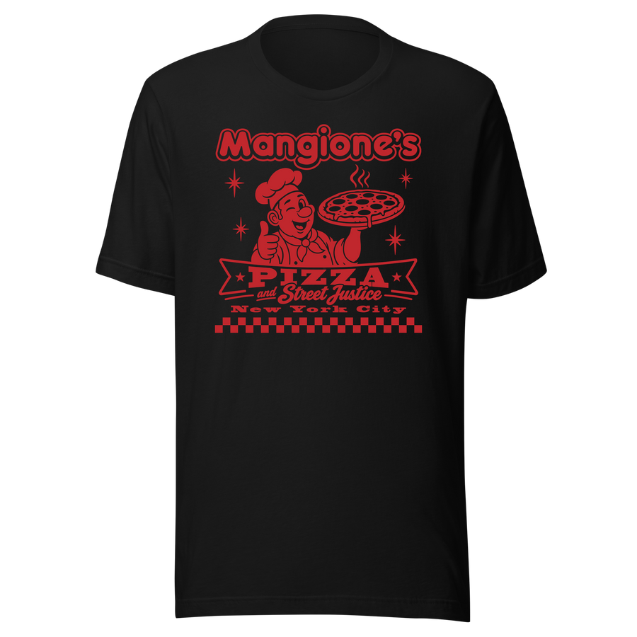 Mangione’s Pizza Street Justice black shirt mockup by Collapse Cartel