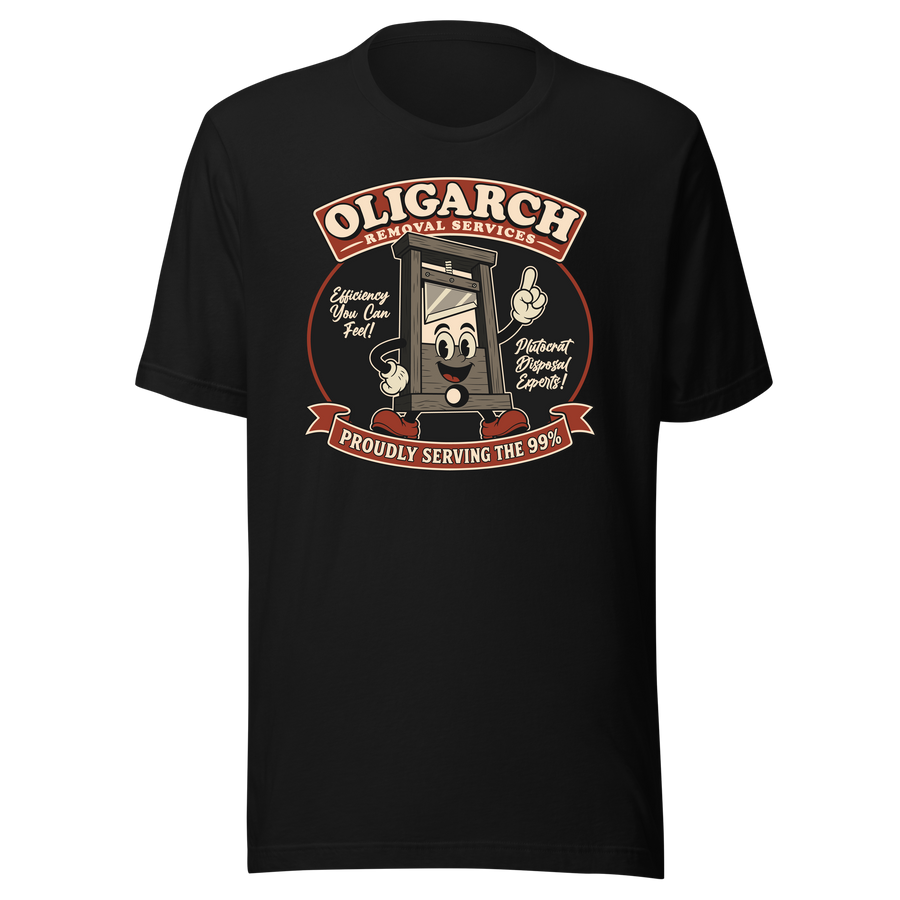 Oligarch Removal Services black shirt mockup by Collapse Cartel